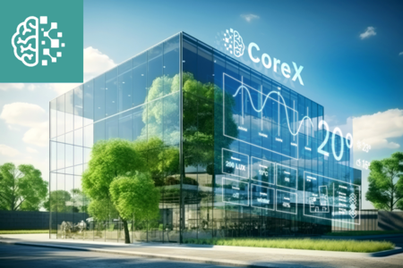 Futuristisches Gebäude mit illustrierten Gebäudedaten, im Vordergrund Bäume