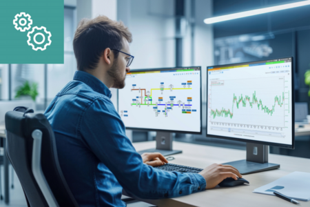Mann sitz vor zwei Bildschirmen mit Monitoring-Sceens mit WV5